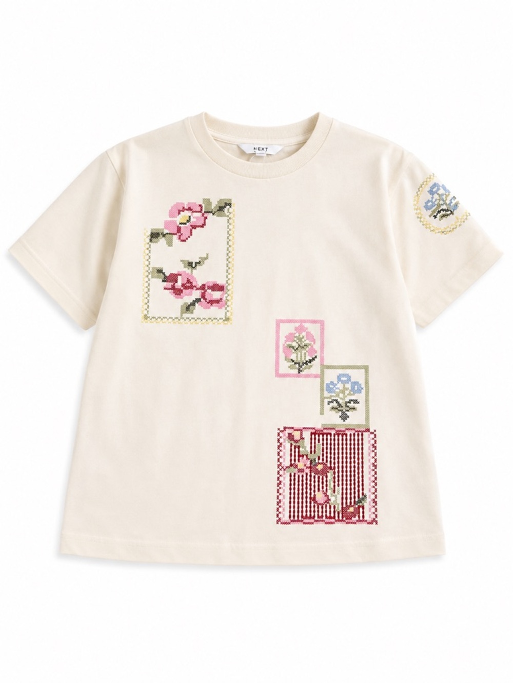 New - Next Girls Floral Cross-Stitch Graphic T-Shirt | Size 6 | 100% Cotton